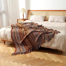 Plaid bohème aztèque – Tricot en coton, franges à pompons et chenille, doux pour le lit, le canapé ou le fauteuil, compatible avec une