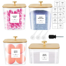 4 Pack Laundry Pods Container & Dryer Sheet Holder - Clear Plastic Laundry Room Organization Storage Containers with Lids, Scoops & Labels for
