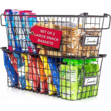 Granrosi Stackable Wire Baskets Set of 2 – Large Bronze Snack & Chip Organizer for Pantry, with Handles, compatible with standard pantry shelves