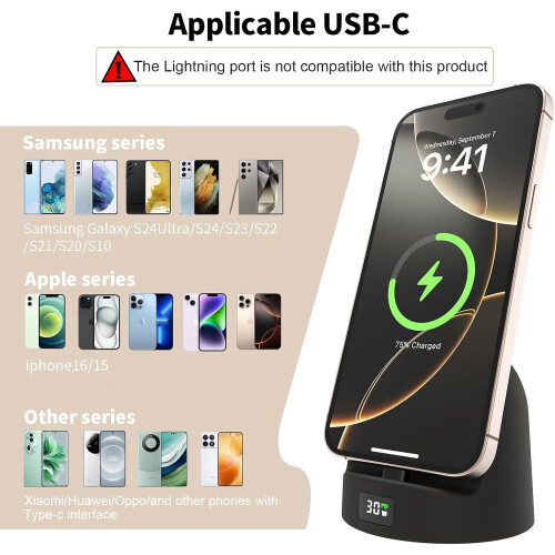 Βάση φόρτισης συμβατή με Samsung/iPhone15/16/17, βάση USB-C με οθόνη LED, μαύρος φορτιστής 1