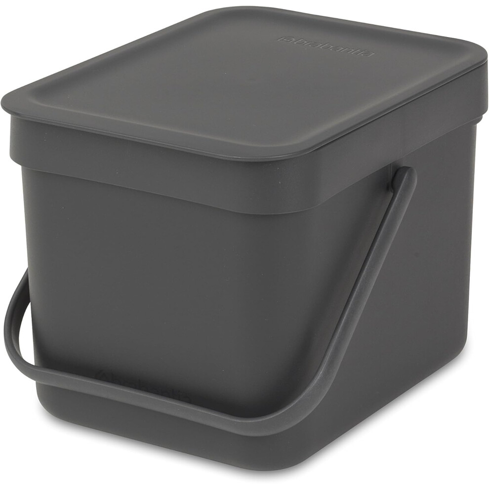 Brabantia Sort & Go Food Waste Bin 6L (Grey), Space-Efficient Plastic Recycle Bin With Handle, Removable And Stay-Open Lid, Easy To Clean Kitchen Grey