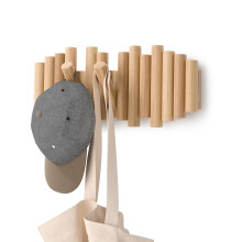 Umbra Picket Wall-Mounted Coat Rack Rail Hook with 5 Retractable Wood Pegs ? Modern, Space-Saving Storage Organizer, Natural