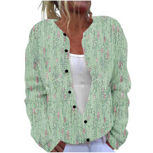 Cardigã feminino xadrez de tricô com gola redonda, punhos longos afunilados, modelagem ampla e botões grandes, tecido macio e confortável, ideal