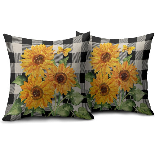 Conjunto de 2 capas de almofada com estampa de girassol em linho, 40x40cm (16x16 polegadas). 1