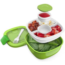 Saladier de 1,5 L avec plateau à 4 compartiments, pot à vinaigrette anti-fuite, fourchette réutilisable, sans BPA ; plateau bento amovible (vert)