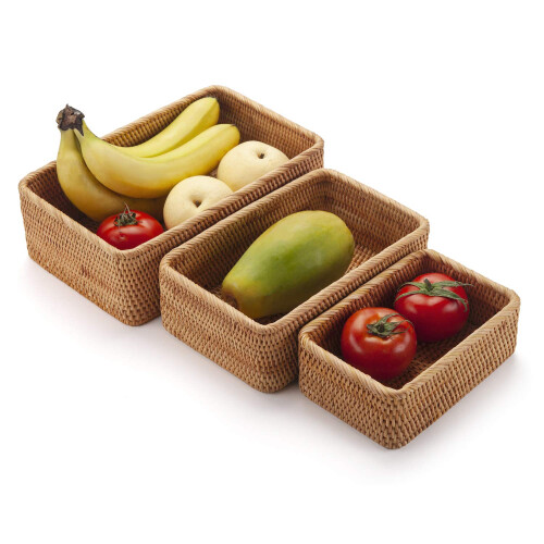 Rectangular Rattan Storage Baskets Stackable Woven Wicker Box Key Holder for Kitchen Cupboards Shelf Natural Set of 3 2