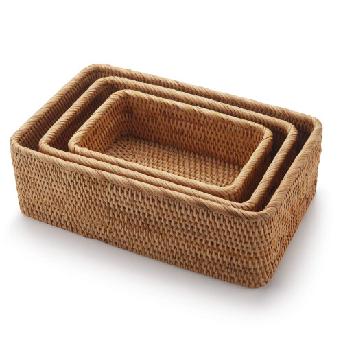 Rectangular Rattan Storage Baskets Stackable Woven Wicker Box Key Holder for Kitchen Cupboards Shelf Natural Set of 3 1