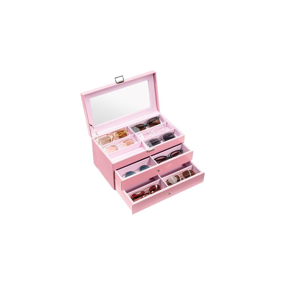 Pink 3-Layer Sunglasses Organizer Box, 18-Slot Leather Eyewear Display Holder For Men & Women Â Compatible With Most Sunglasses