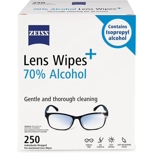 Lenços umedecidos para limpeza de lentes com 70% de álcool.