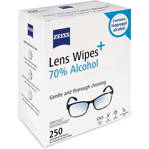 Lenços umedecidos para limpeza de lentes com 70% de álcool. 1