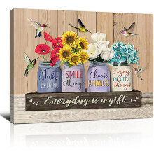 Tableau mural sur toile à motif floral 30 x 40 cm – Colibri, oiseaux et fleurs pour salon, cuisine, chambre – Décoration champêtre et