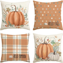 Housses de coussin décoratives « Bonjour l’automne » et « Bonjour citrouille », 45 x 45 cm, motif eucalyptus orange, pour canapé ou