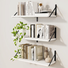 Feihorrm Wall Shelf, Floating Book Shelves with Brackets, 60cm White Shelves Set of 3, Particle Board Wooden Shelf for Kitchen, Bathroom, Bedroom,