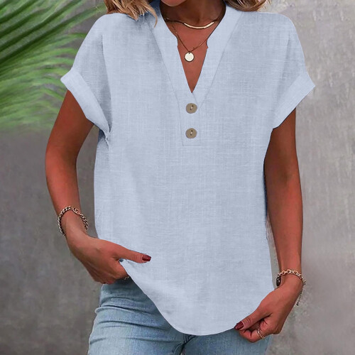 Γυναικείο Πουκάμισο VERUGU με Κοντομάνικο V-Neck, Βαμβακερό-Λινό, Ανοιχτό Μπλε XL, 1