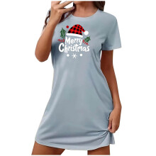 Robe de nuit courte de Noël grande taille pour femme, en soie de lait double face brossée | Joli imprimé à col rond | Polyester et élasthanne |