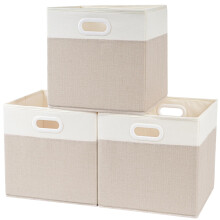 SOCOHOME Fabirc Cube Storage Boxes,33x38x33cm Foldable Storage Baskets for Shelf Nursery Closet(Light beige/White, Set of 3)