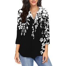 Bluzki damskie w czarno-białym kolorze z nadrukiem, dekoltem w serek, zapinane na guziki, rękawami 3/4, luźne, codzienne – w rozmiarach S-2XL