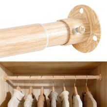 KINGSOW Extendable Wardrobe Rail and Fittings: Light Wood Grain Finish 64.5?130cm Adjustable Clothes Hanging Rail Heavy Duty Stainless Steel Pole for