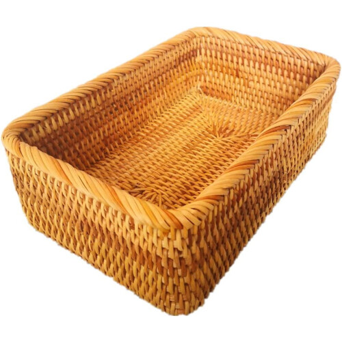 Handmade Rectangle Wicker Fruit Box Rattan Tray Magazine Organizer and Small Objects Container Serving Basket (Medium)