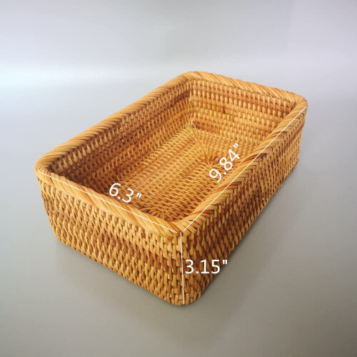Handmade Rectangle Wicker Fruit Box Rattan Tray Magazine Organizer and Small Objects Container Serving Basket (Medium) 2