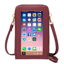 Telefoontasje met drievoudige ritssluiting en aanraakgevoelige textuur, schoudertasje/kaarttasje voor dames - Wijnrood
