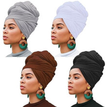 Pañuelos para la cabeza de jersey elástico de 4 piezas para mujer: turbantes suaves y transpirables en negro/blanco/gris claro/café (compatibles