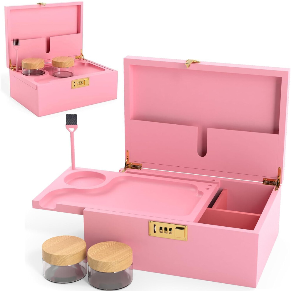 Ukglass Pink Bamboo Wooden Stash Box With Lock, Wood Rolling Tray And Glass Storage Jars - Smoking Box With Lock, Glass Jars And Kit