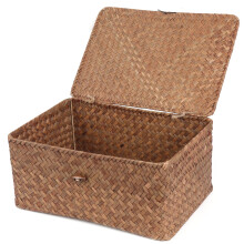 FEIALNDUO Wicker Shelf Baskets with Lid,Seagrass Storage Basket Bins Rectangular Handwoven Basket Boxes for Shelves Desktop Home Organizer (Coffee,