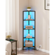 TUTOTAK Corner Shelf with LED Light, 5-Tier Corner Bookshelf for Small Space, Narrow Display Corner Shelf Stand with Storage Rack, for Living Room,