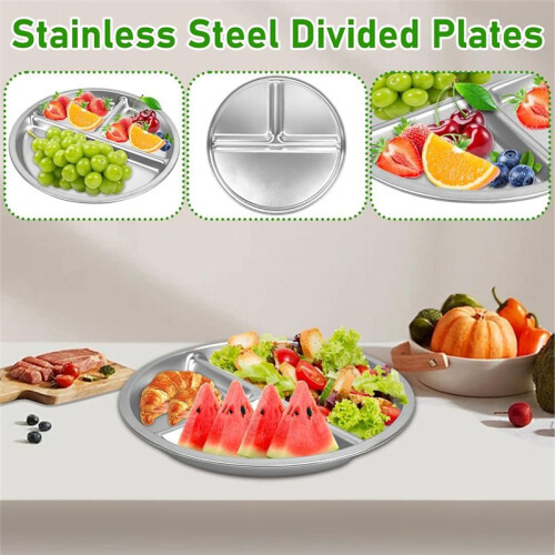 4Pack Stainless Steel Plates, 8Inch 3 Section Round Divided Plates Portion Control Plates Partition Plate for Camping 2