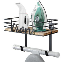 TJ.MOREE Ironing Board Hanger - Laundry Room Iron and Ironing Board Holder, Metal Wall Mount with Large Storage Wooden Base Basket and Removable Hooks