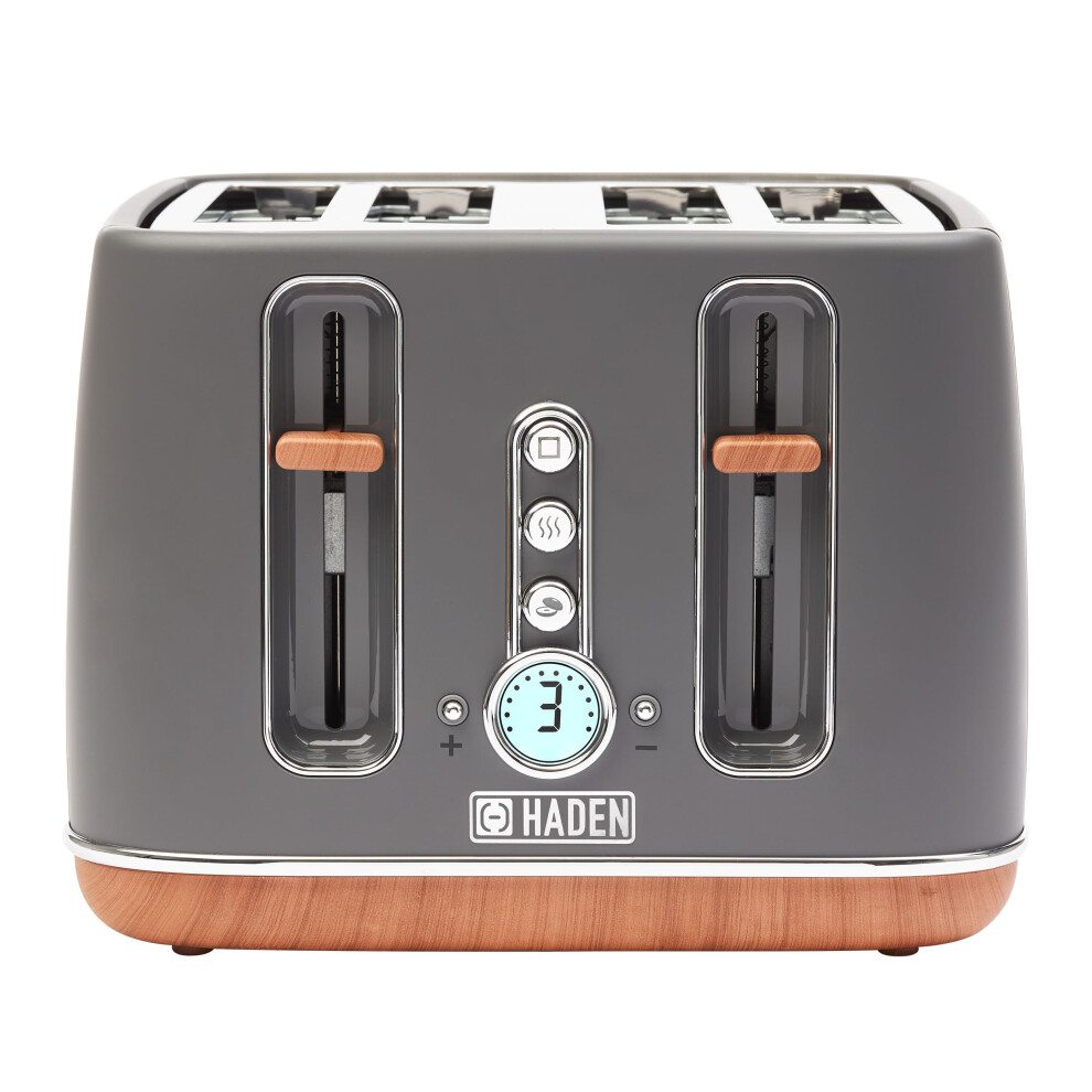 Haden Dorchester Toaster 4 Slice - Variable Browning Levels - Digital Controls & Wide Slots 4 Slice Toaster - Cancel/Defrost/Reheat Settings Grey