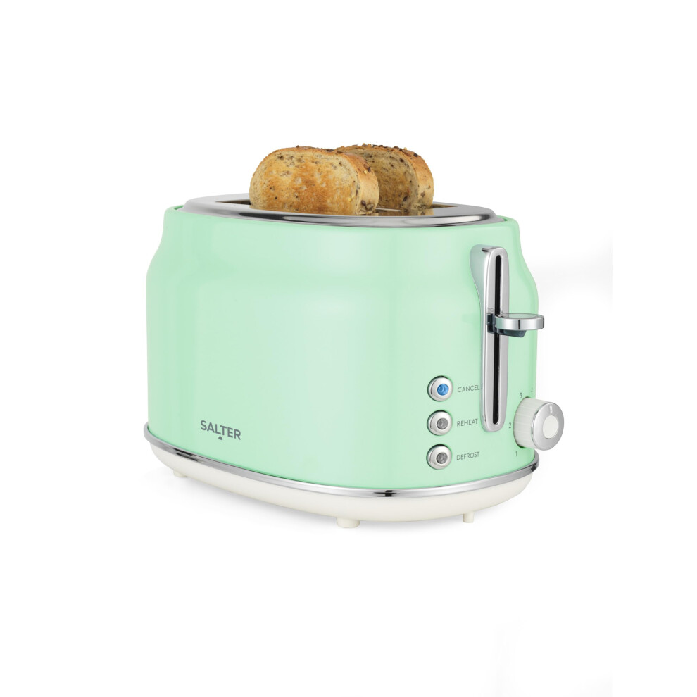 Salter Retro 2-Slice Toaster - Wide Slots, 6 Browning Levels, Defrost, Reheat & Cancel, High-Lift Eject, Removable Crumb Tray, Self-Centring, Green
