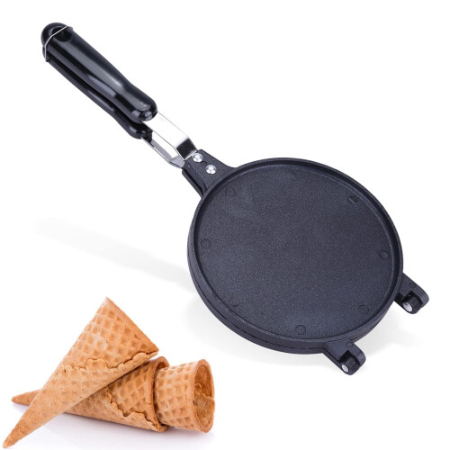 Waffle Cone Maker,Non Stick Egg Roll Waffle Ice Cream Cone Machine with Long Handle Aluminum Alloy Egg Roll Crepe Maker Machine Kitchen Baking Tool