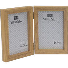 Hinged Double Photo Frame 6x4'',Natural Wood Effect 4x6'' Double Picture Frame,Twins frame 6X4 with Glass, Primary Wood Grain Color Holds 2 Standard