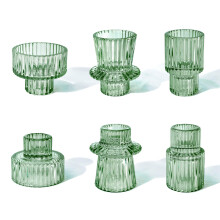 Toptime Candle Holders Set of 6, Glass Candlestick Holders Pinstripe Pattern, Reversible Tealight & Taper Candle Holders, Green Crystal Tea Light
