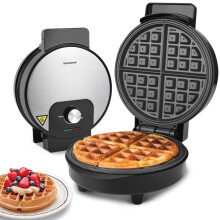 Aigostar Round Waffle Maker with Adjustable Temperature Control, Non Stick Deep Fill Waffle Iron, Belgian & American Waffle Machine, Cool Touch