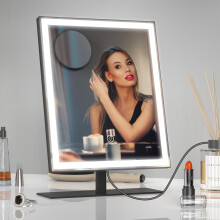 Amdelne LED Makeup Mirror, Dimmable Vanity Mirror with Lights, 3 Lighting Modes, 10x Magnifying, Touch Control, Adjustable Black Mirrors for Dressing