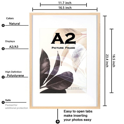 Scholar Tree Natural A2 (42x59.4cm) Wooden Picture Frames, Wall Mountable, A2 with Mount for A3 Frame 2