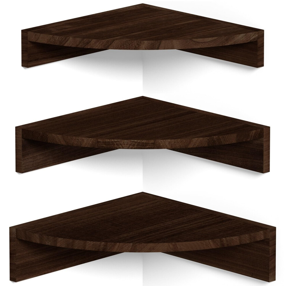 Rustic Wooden Corner Wall Shelves Set Of 3 Floating Design For Storage Display Dark Brown 9771547177913