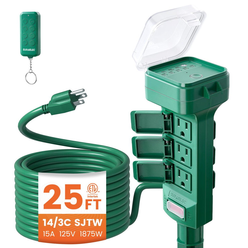 Outdoor Power Stake Timer With Remote, 100Ft Range, 6 Outlets, Waterproof, Dusk To Dawn, 25Ft Cord 9771547177920