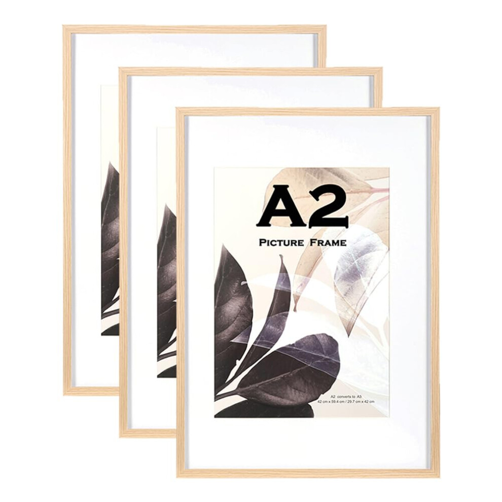 Natural Wooden Picture Frame A2(42X59.4cm) With Mat,Set Of 3, Mount For A3 Picture Or Certificate,Wall Mountable 5051223047599