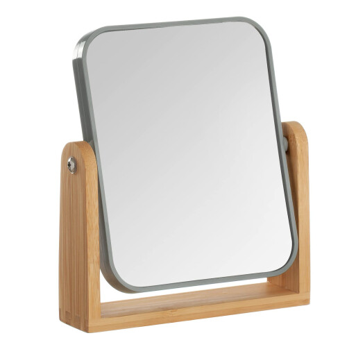 YEAKE Double Sided 3X Magnifying Makeup Mirror with Bamboo Stand, 21L x 18W cm, Tabletop Mount, Rectangular, Dark Grey