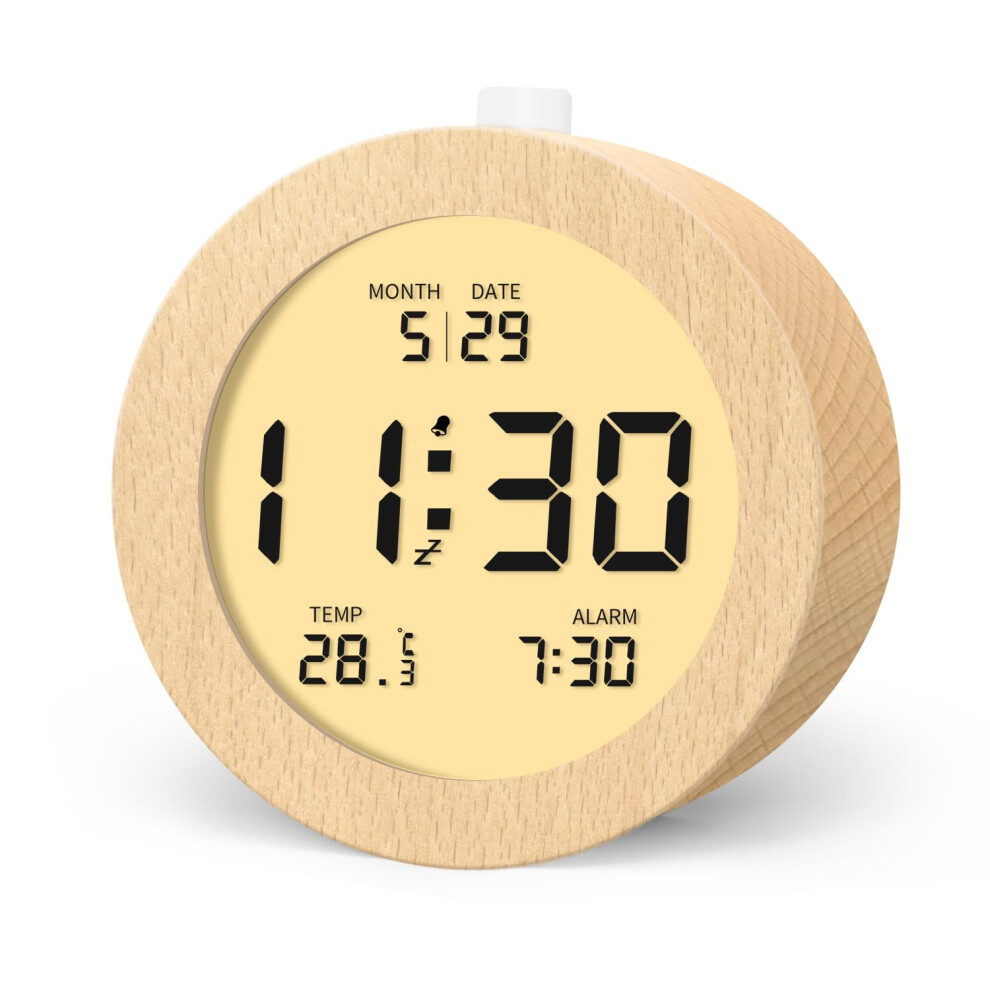 Digital Alarm Clock, Wooden Alarm Bedside Clock With Temperature And Date Lcd Display, Snooze Function, Backlight, 3 Aaa Battery Operated Aboveclock