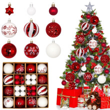 44PCS Christmas Baubles Plastic, Christmas Baubles Ornaments White & Red, Xmas Tree Decorations for Outdoor Indoor