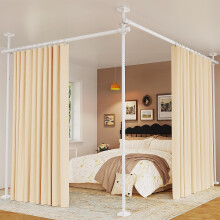 Yeabett Room Divider No Drill Free Standing Curtain Pole, Adjustable 122-305cm(H), 70-290cm(w), Sturdy Stainless Steel for Any Room Separation, White