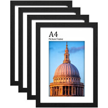 LVAOUO A4 Wooden Picture Frames Set, 4-Pack, 21 x 29.7cm Versatile Black A4 Frame, Supports Landscape or Portrait Orientation, with Plexiglass and