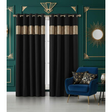 Rapport Home Capri Black Gold Eyelet Curtains Pair - 66" W x 72" D (132" Total Width) - Thermal Room Darkening Polyester Drapes for Bedroom Living