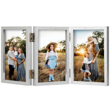 Triple 4x6 Photo Frame Hinged Folding Wood Picture Frame with Glass Front Stand Vertical on Desktop Silver