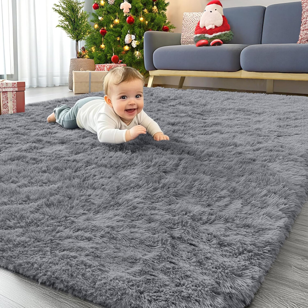 Fluffy Shaggy Rugs Living Room, Large Anti Slip Carpet, Machine Washable Soft Thick Pile Bedside Rug For Kids Bedroom, Nursery - 140 X Grey Homaxy
